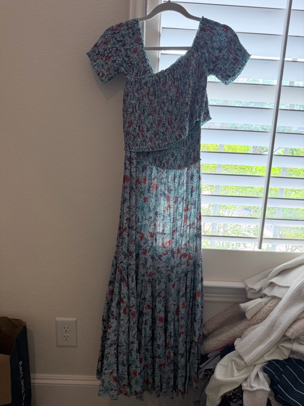 Poupette St. Barth Blue Floral Maxi Dress with Red Highlights